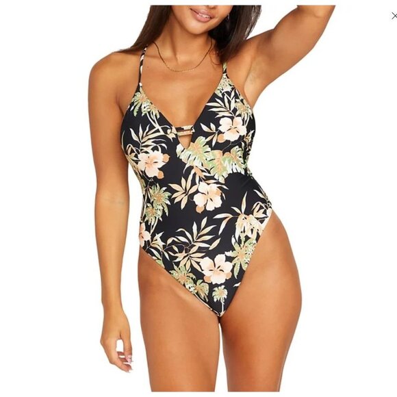 Volcom One-Piece Swimsuit For The Tide V-Neck cutout Tropical Cheeky Swimwear XL - Picture 1 of 8